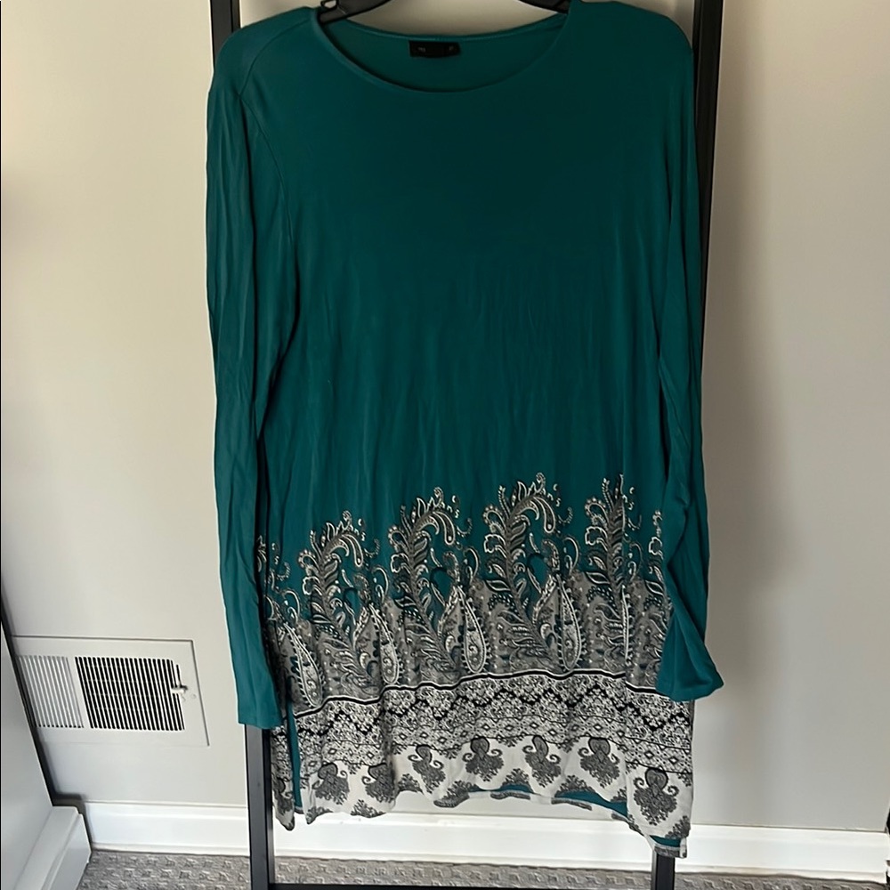 Teal Long Sleeve Top with Patterned Hem